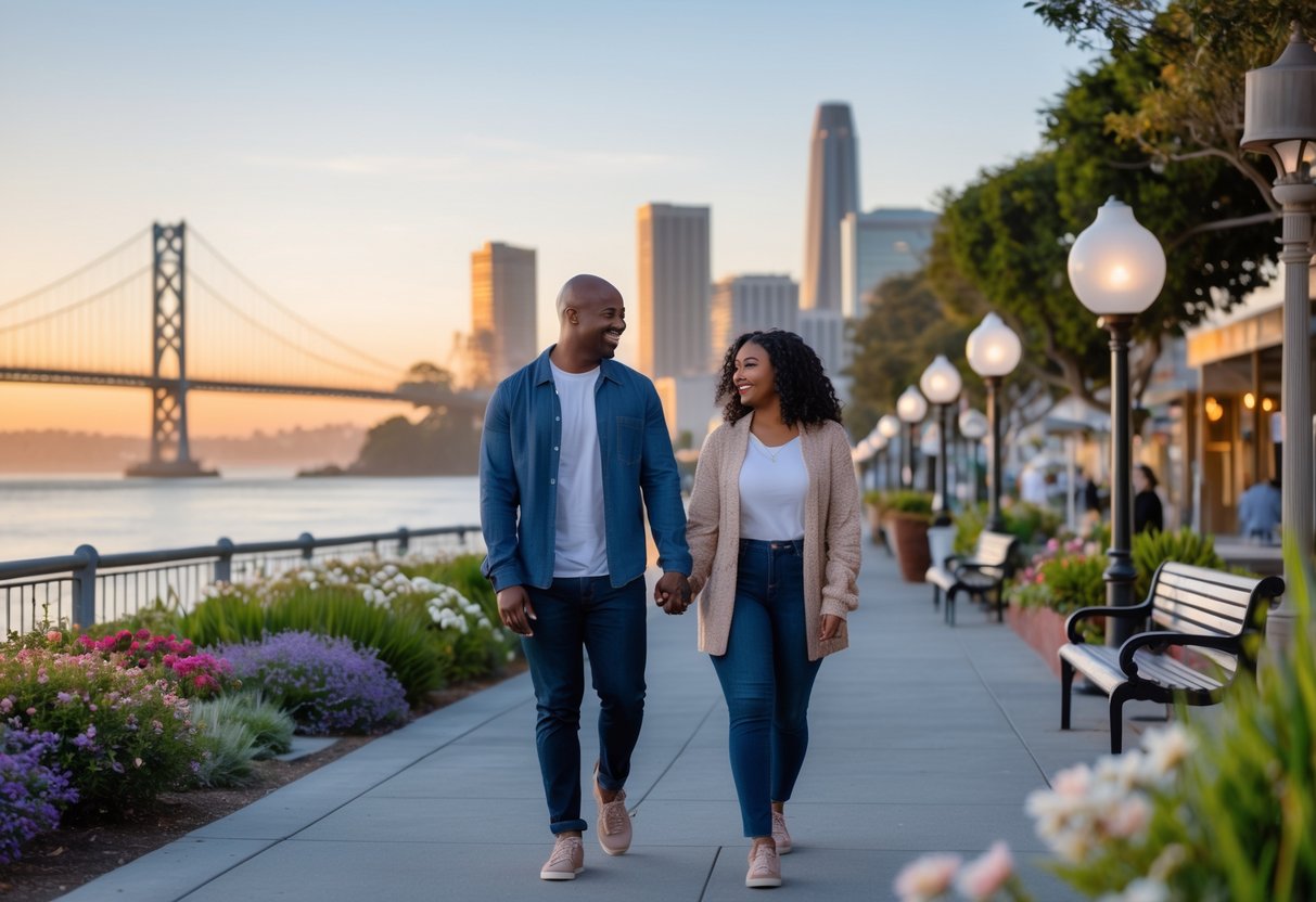 A couple walking hand in hand along a waterfront promenade with the Oakland skyline and Bay Bridge in the background during sunset.