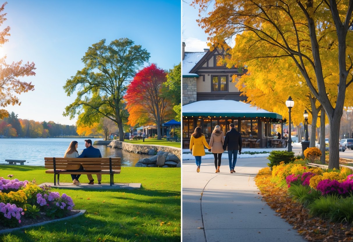A lakeside park in Oakville showing couples enjoying seasonal outdoor activities including a spring picnic, autumn walk with colorful leaves, and a winter café scene with gentle snowfall.