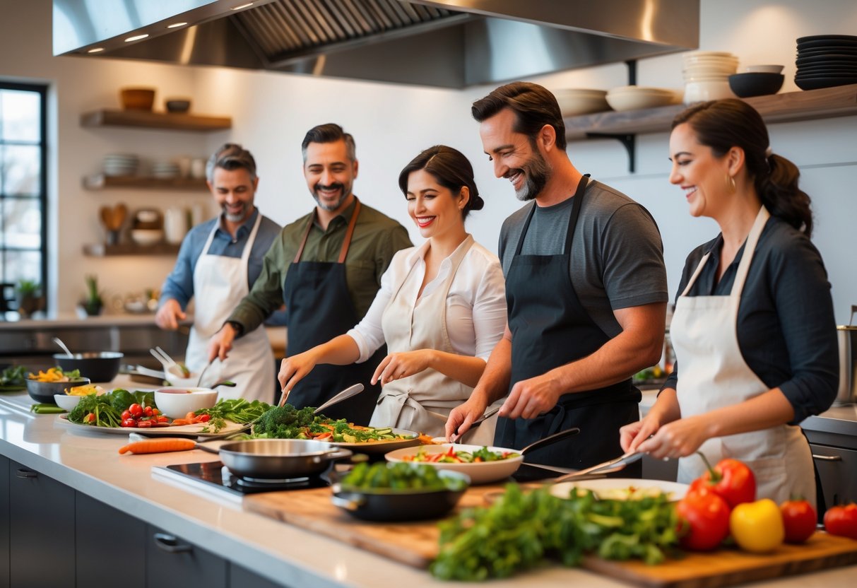 A couple and others cooking together in a bright kitchen during a cooking class.