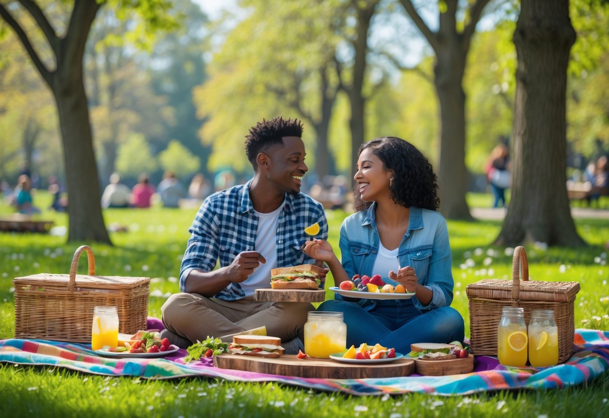 A couple enjoying a picnic with homemade food on a blanket in a sunny park surrounded by trees and grass.