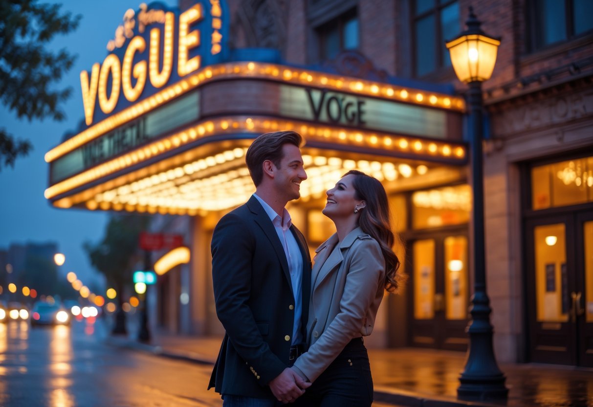 A young couple standing outside the Vogue Theatre in Omaha at night, smiling and holding hands under the theatre's glowing marquee.