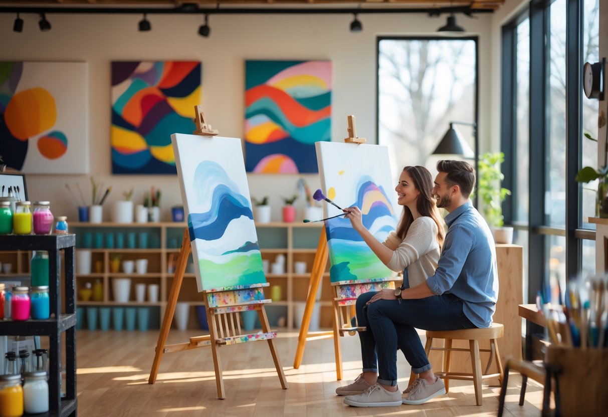 A couple painting together on canvases in a bright, cozy art studio filled with painting supplies.