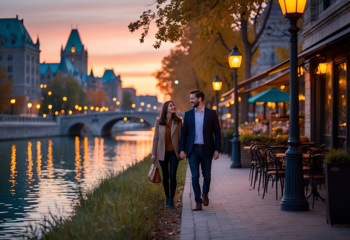 A young couple walking hand in hand along the Rideau Canal in Ottawa during sunset with historic buildings and trees in the background.