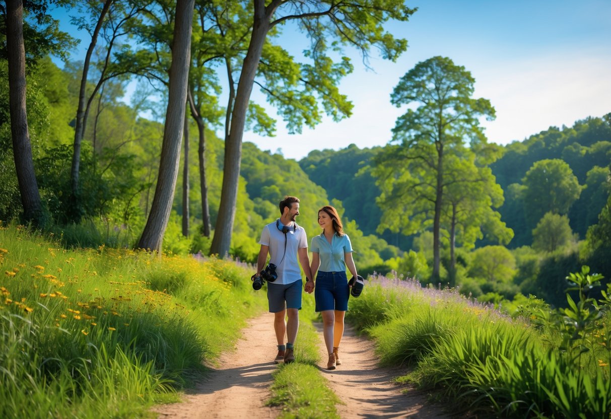 A couple walking along a dirt path in a green nature reserve, holding cameras and surrounded by trees and wildflowers.