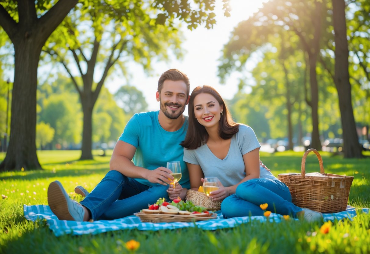 A couple sitting on a picnic blanket in a sunny park, enjoying an outdoor date surrounded by trees and flowers.