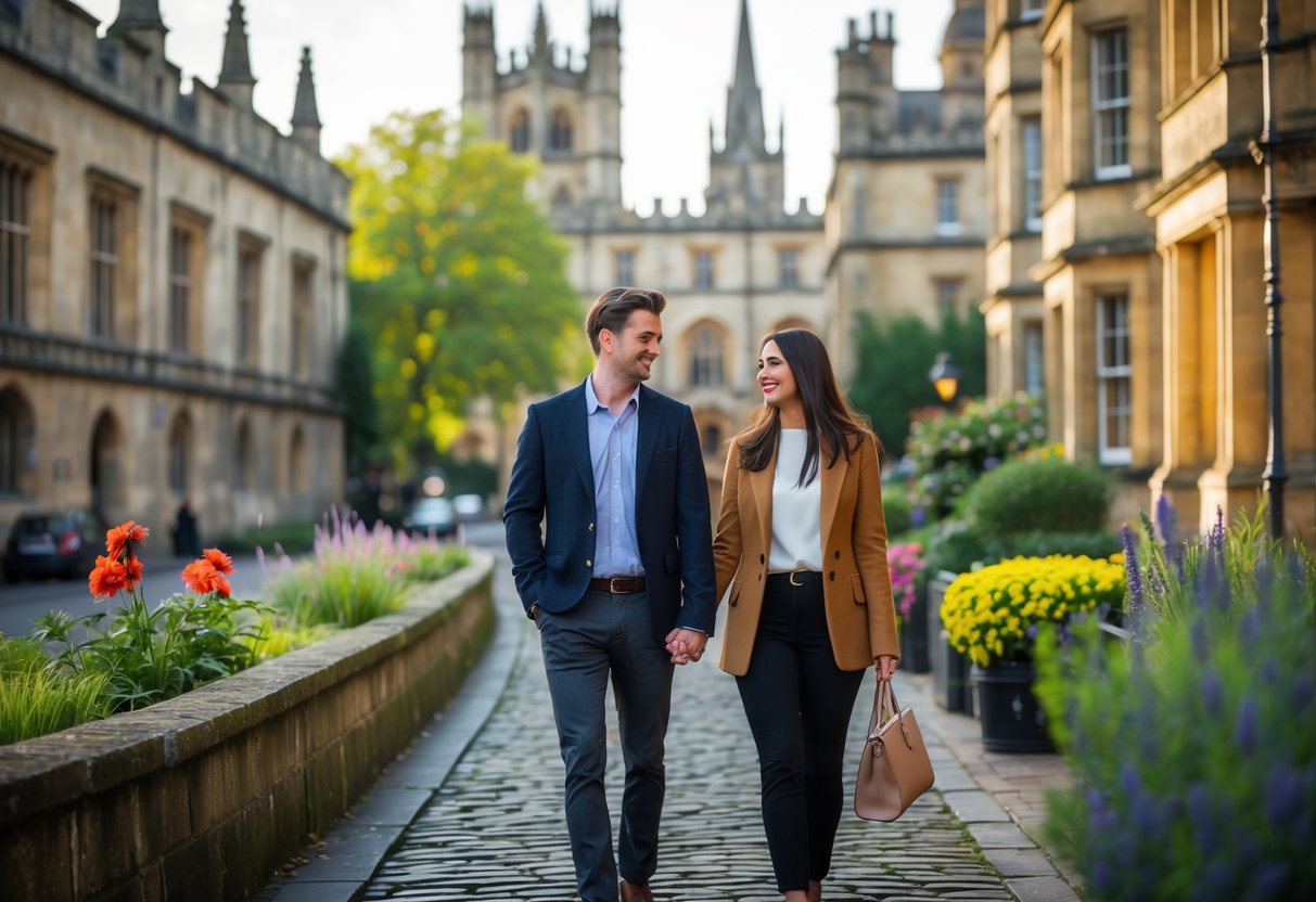 A young couple walking hand-in-hand on a cobblestone street in Oxford with historic buildings and greenery around them.
