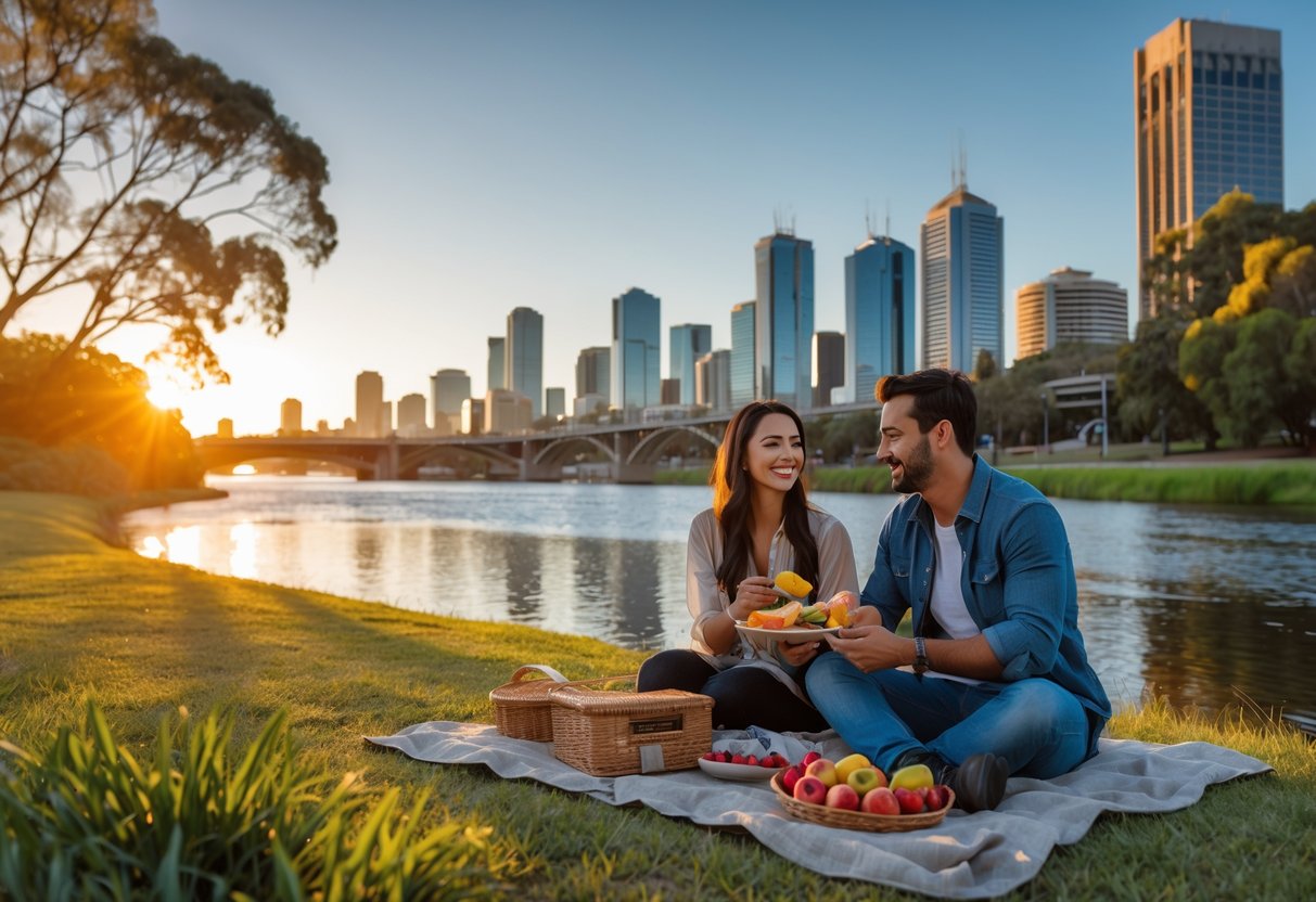 A young couple enjoying a picnic by the river with the Perth city skyline in the background during sunset.