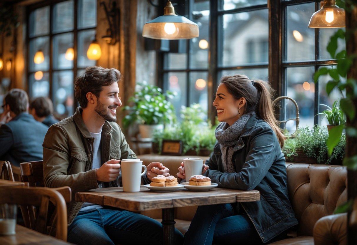 A young couple enjoying coffee together at a cozy café table with warm lighting and plants around them.