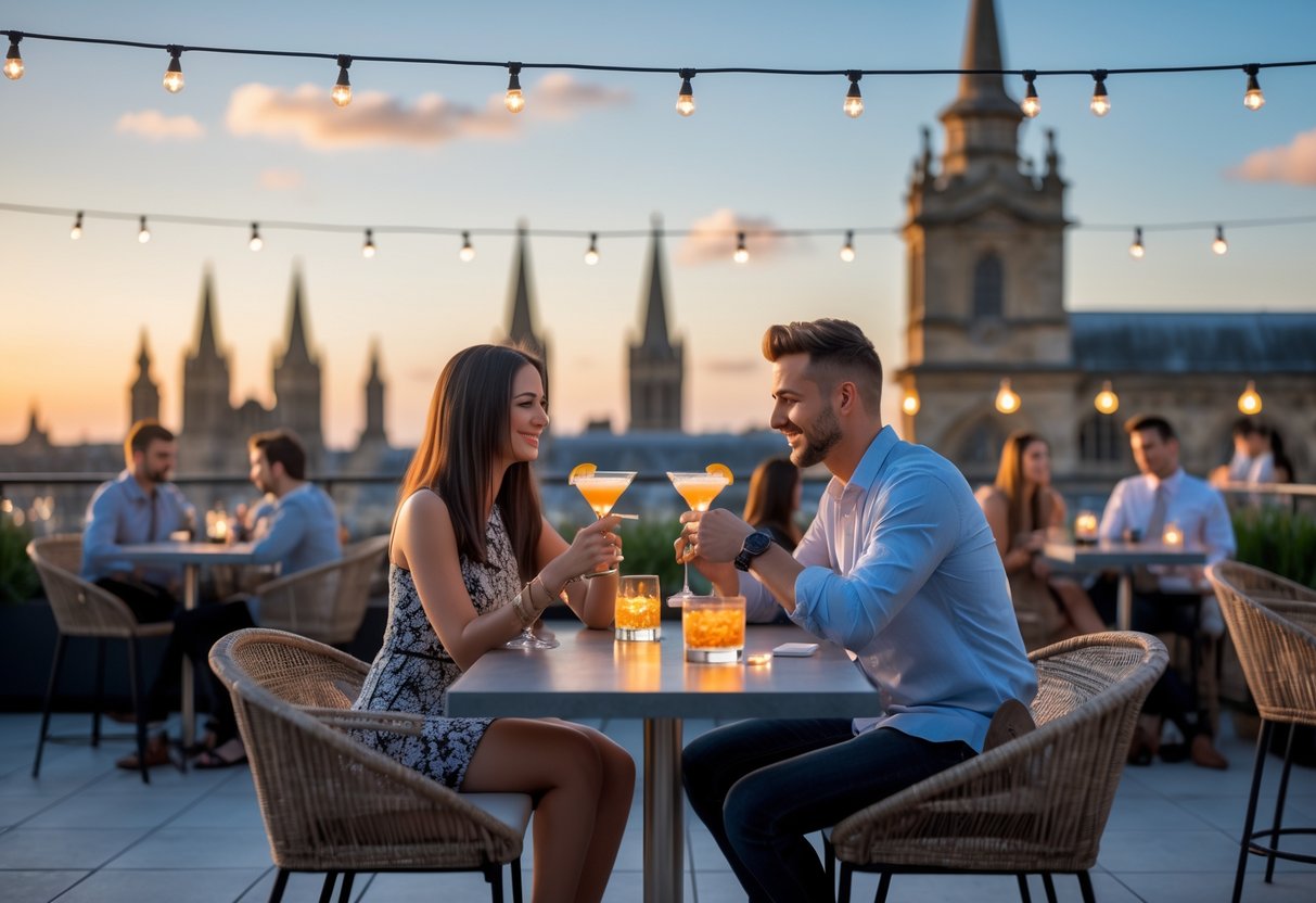 A young couple enjoying drinks together at a rooftop bar overlooking Oxford's historic skyline at sunset.