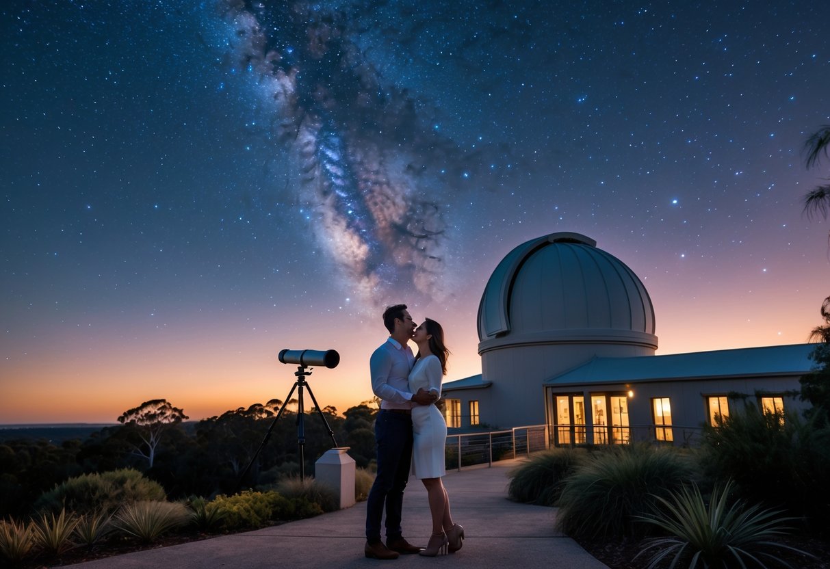 A couple stargazing near a telescope at Perth Observatory under a clear starry night sky.