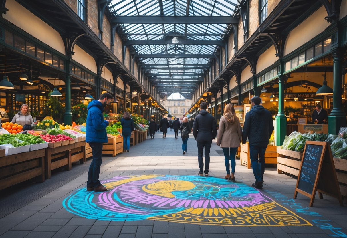 People walking through the Covered Market in Oxford where an artist is creating colorful chalk art on the pavement surrounded by market stalls.