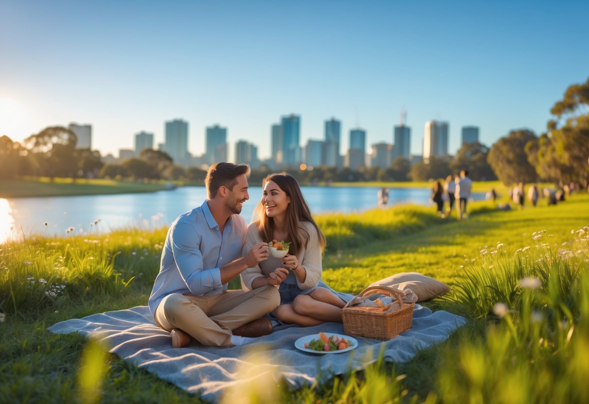 A couple enjoying a picnic on green grass with Perth city skyline and Swan River in the background during sunset.