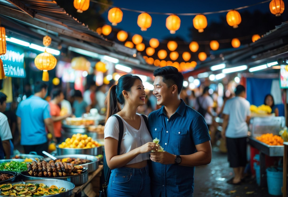 A young couple enjoying a lively night market with food stalls and colorful lights in the Philippines.