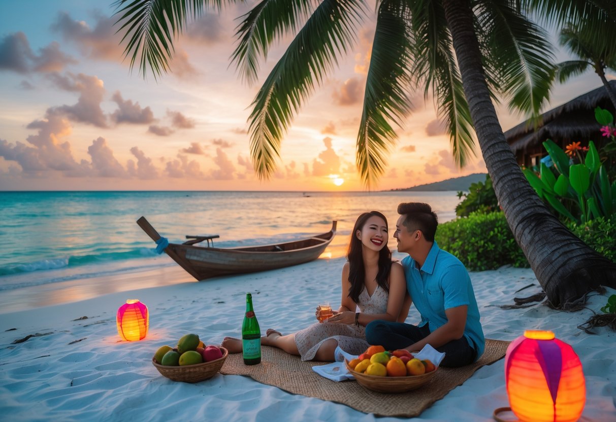 A young couple enjoying a sunset picnic on a white sandy beach with palm trees and turquoise water in the Philippines.
