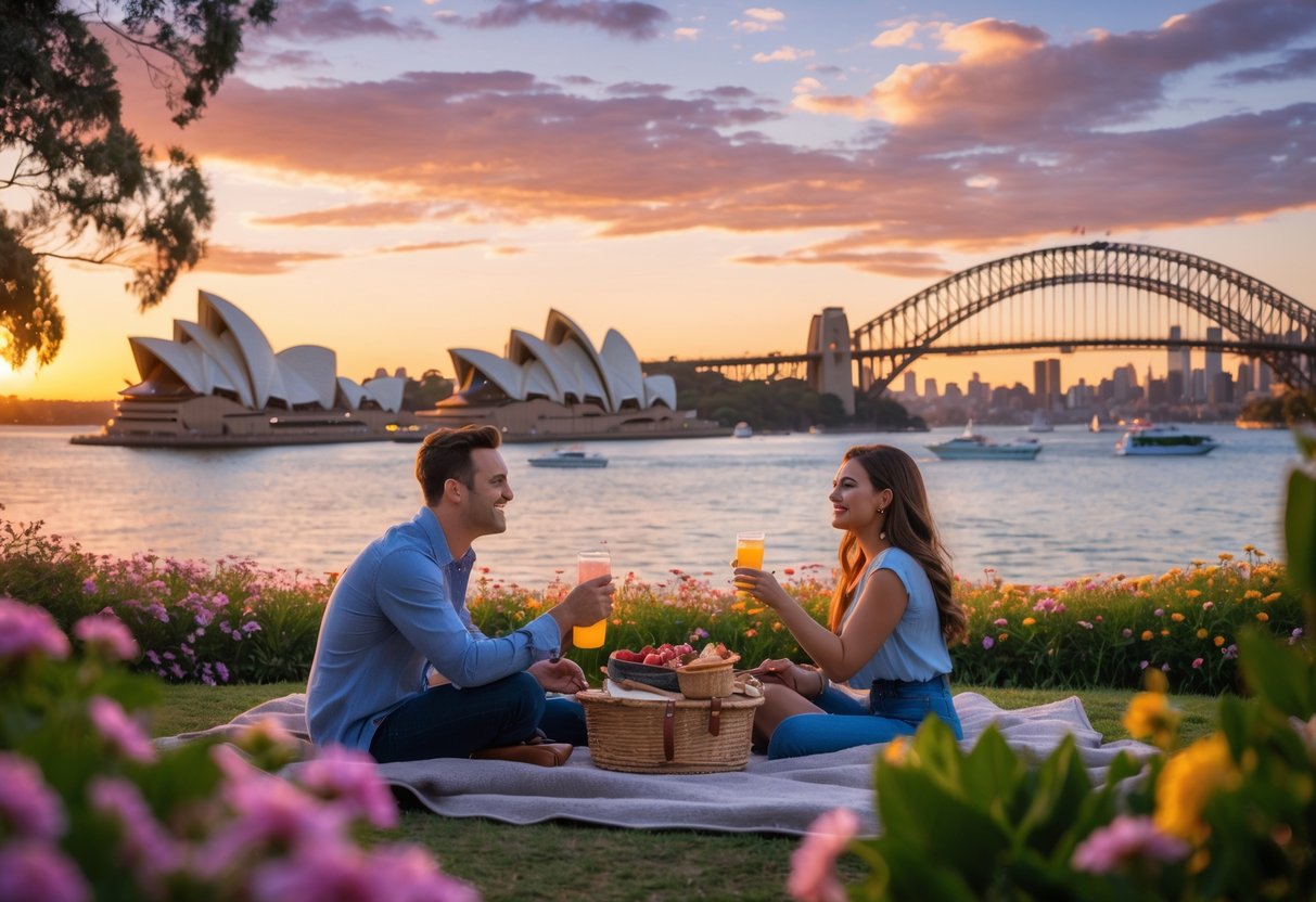 A couple enjoying a sunset picnic near the Sydney Opera House and Harbour Bridge, surrounded by greenery and water.