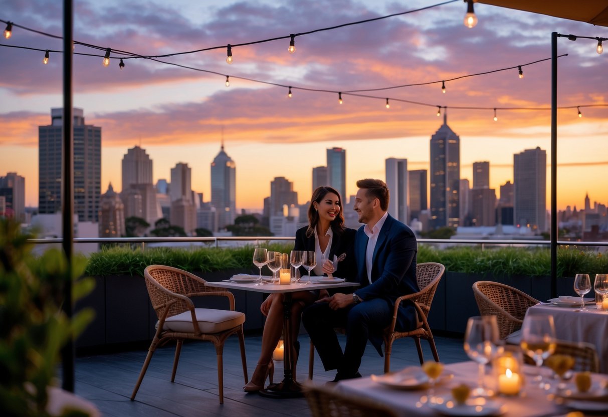 A couple enjoying a romantic dinner together on a rooftop overlooking the Sydney skyline at sunset.