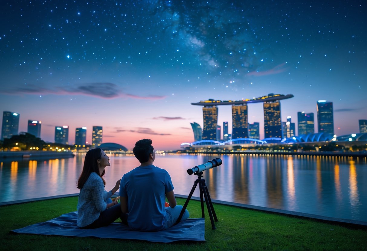 A couple sitting on grass at Marina Barrage in Singapore, looking up at the starry sky with city skyline in the background.