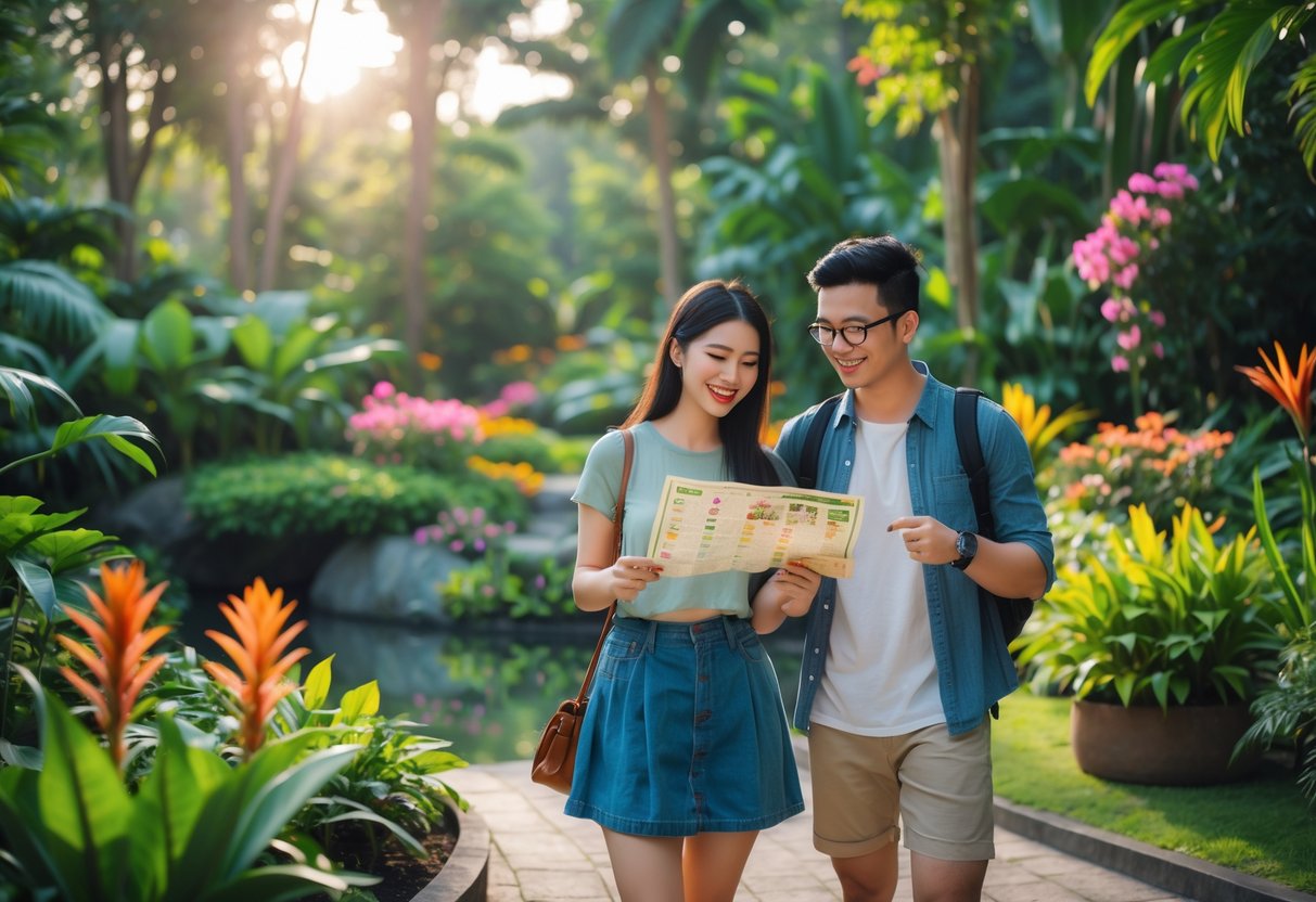 A young couple exploring a botanic garden with a map, surrounded by tropical plants and flowers.