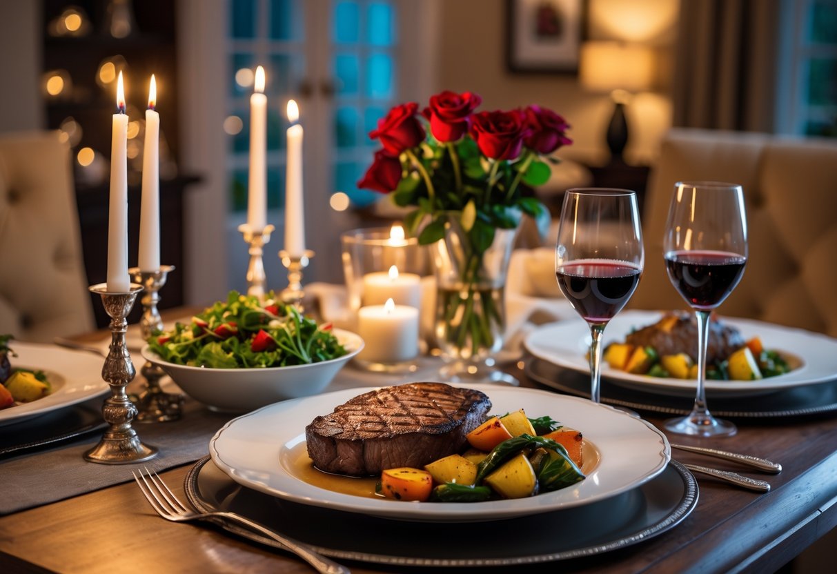 A dining table set for a romantic date night with steak, vegetables, salad, candles, red roses, and glasses of red wine in a cozy dining room.