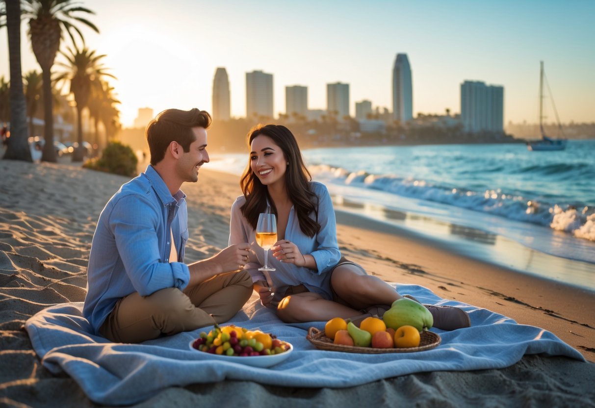 A couple having a picnic on a beach with the San Diego skyline and palm trees in the background during sunset.