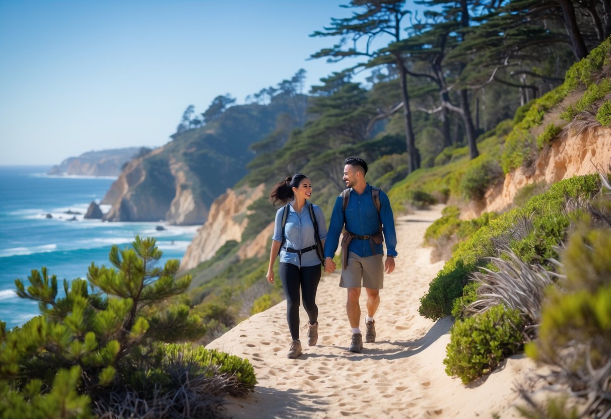 A couple hiking along a coastal trail surrounded by pine trees and ocean cliffs at Torrey Pines State Reserve.