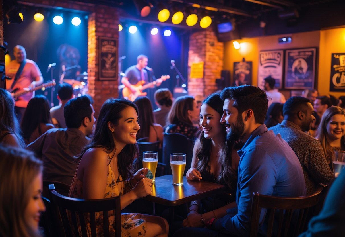 A young couple enjoying live music together at a small indoor venue with colorful stage lights and a lively crowd.