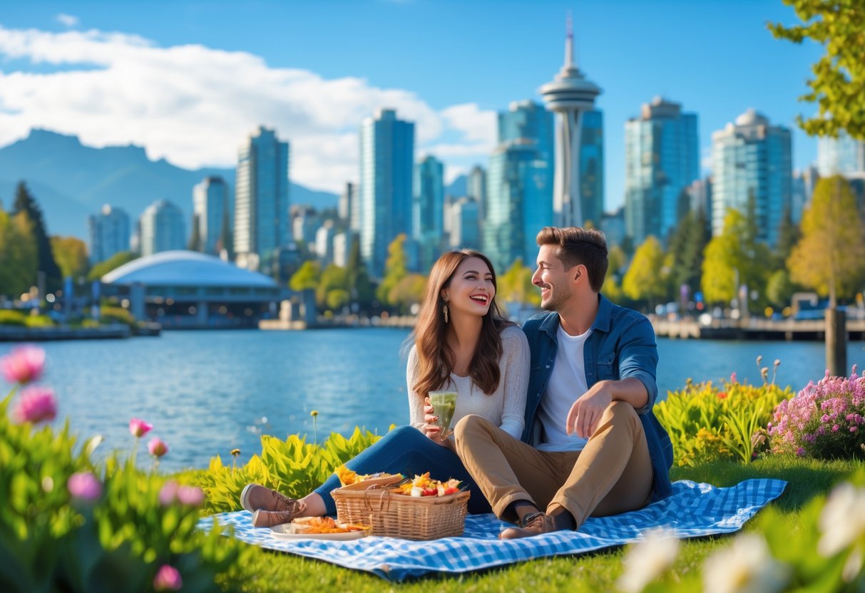 A young couple sitting on a picnic blanket at a waterfront park with the Vancouver skyline and mountains in the background.