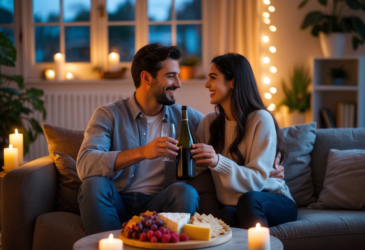 A couple sitting on a sofa at home, sharing wine and snacks in a cozy, softly lit living room.