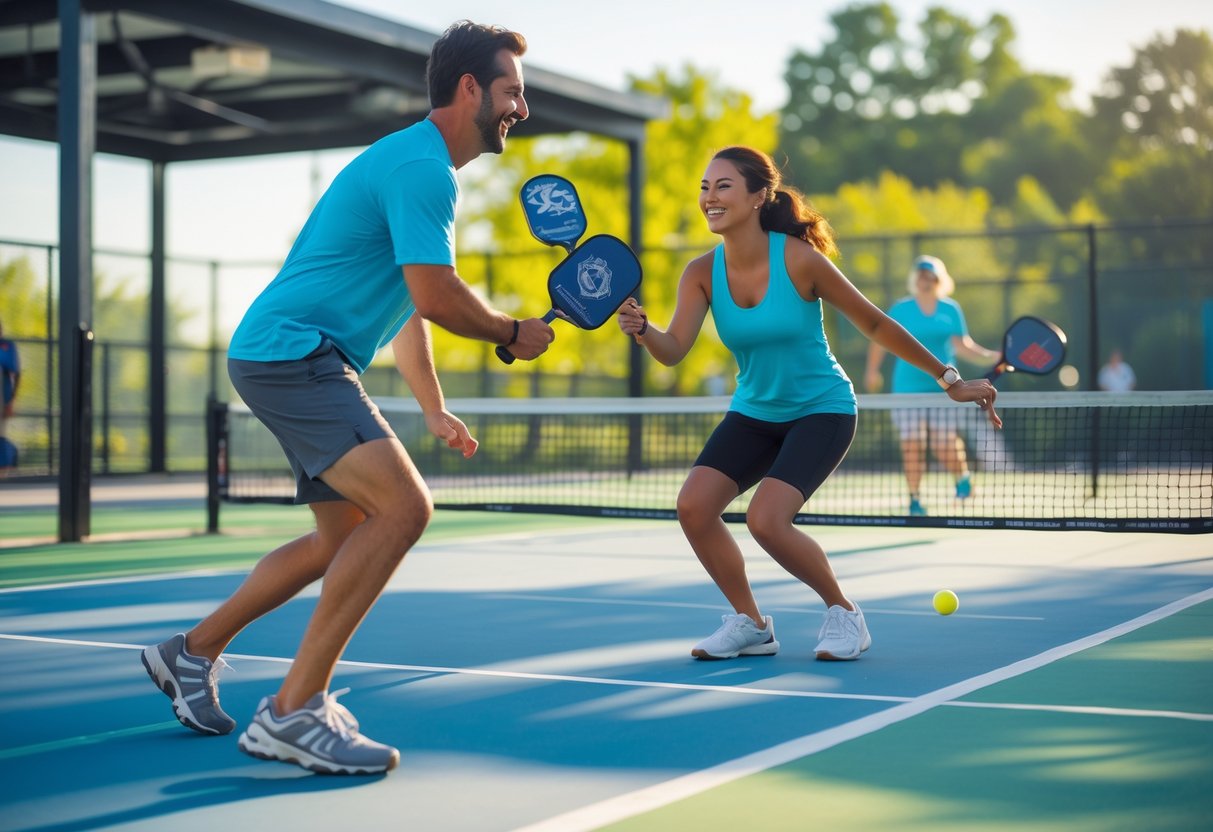 A couple playing pickleball together on an outdoor court at a local sports complex.