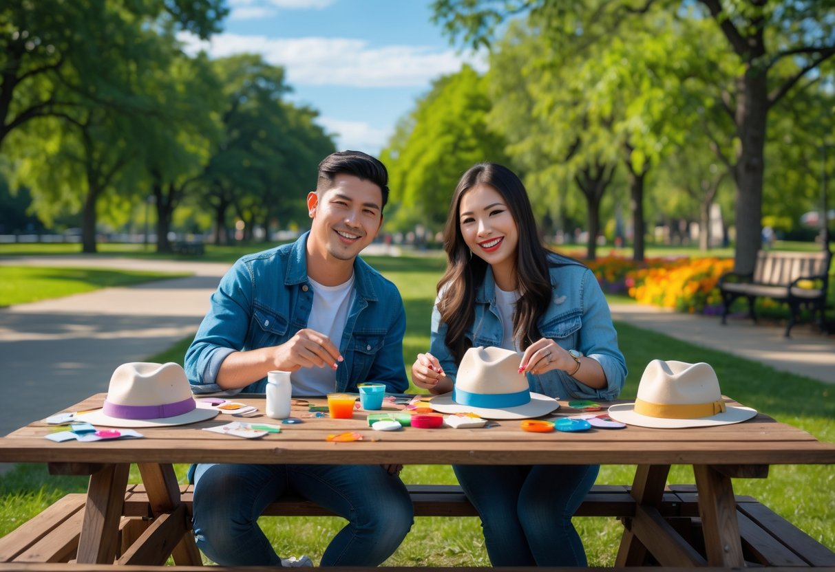 A young couple sitting at a picnic table outdoors in a park, decorating custom hats together with art supplies.