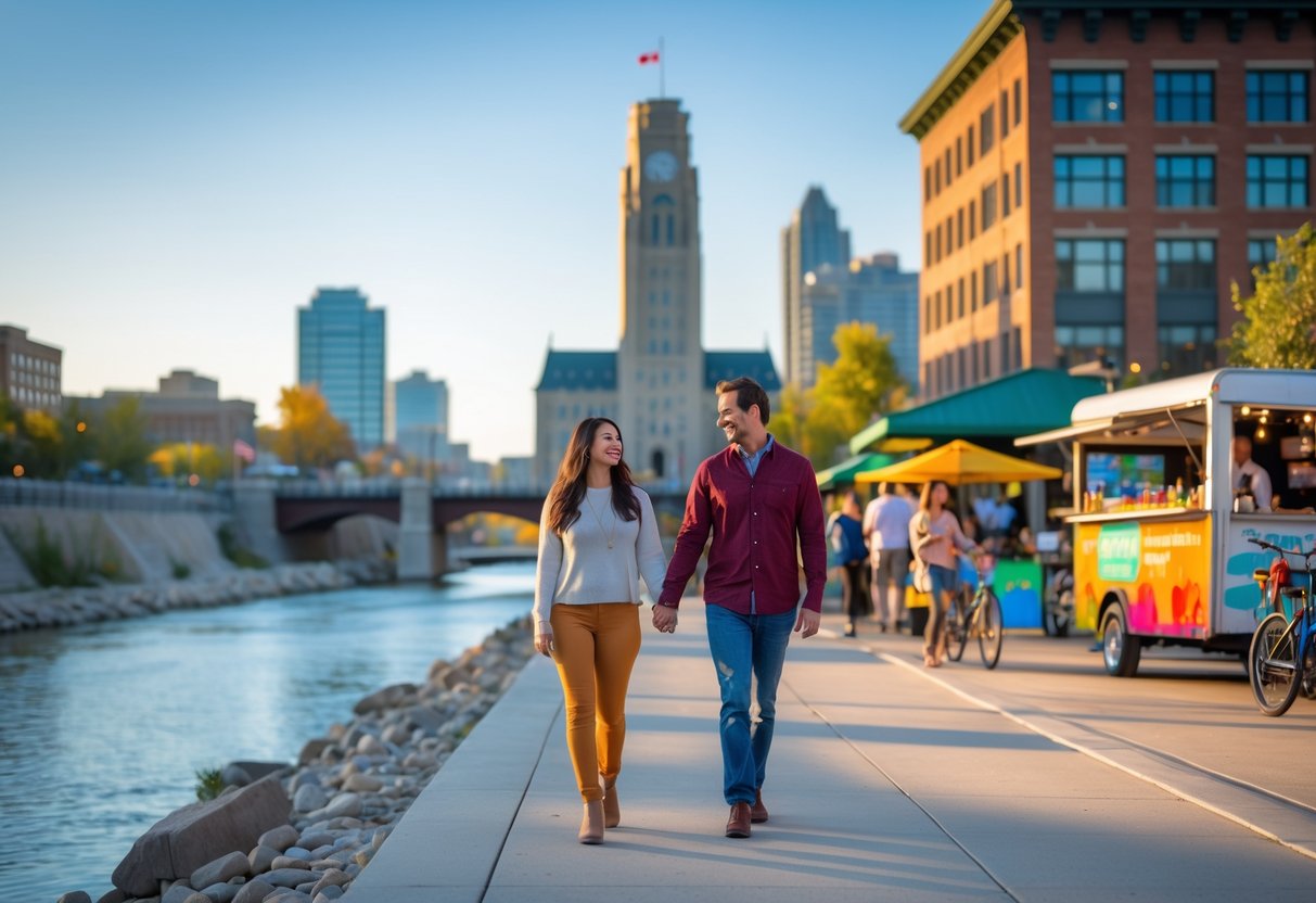 A couple walking hand-in-hand along a riverwalk with a modern building in the background and people enjoying outdoor activities nearby.
