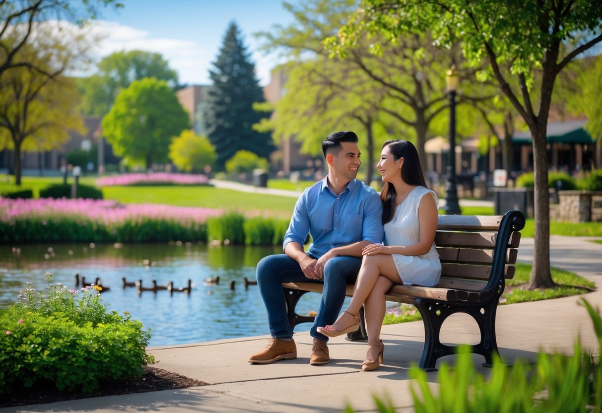 A couple sitting on a bench by a pond in a park, enjoying a sunny day surrounded by trees and flowers.