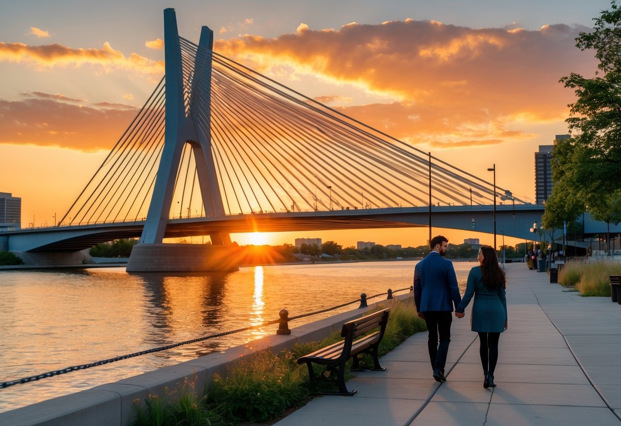Sunset view of the Esplanade Riel Bridge over a calm river with a couple enjoying the scene nearby.
