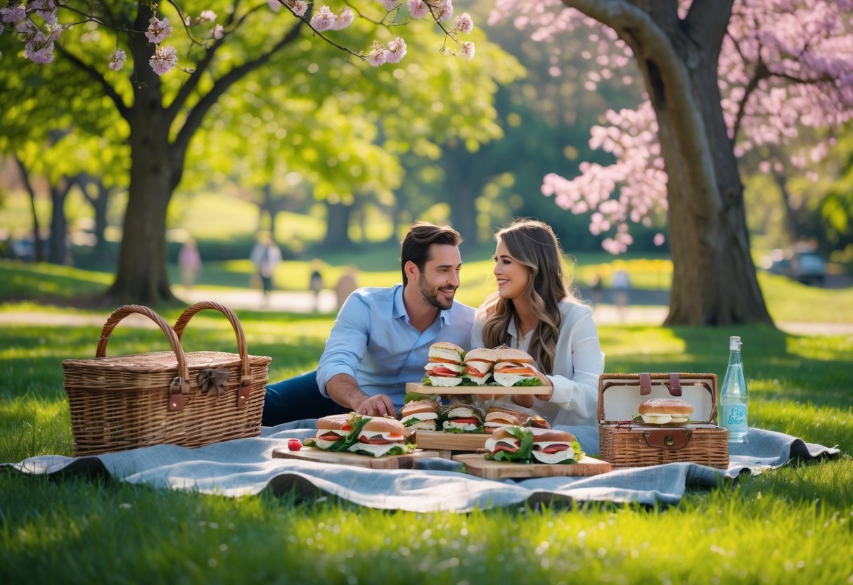 A couple enjoying a picnic on a blanket in a green park with sandwiches and a picnic basket.