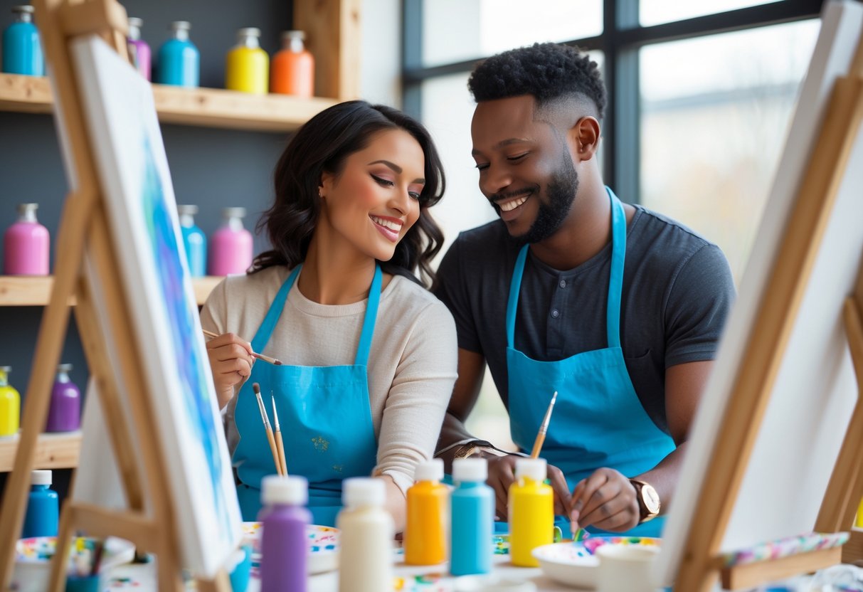 A couple painting together on canvases in a bright art studio, smiling and enjoying a creative activity.