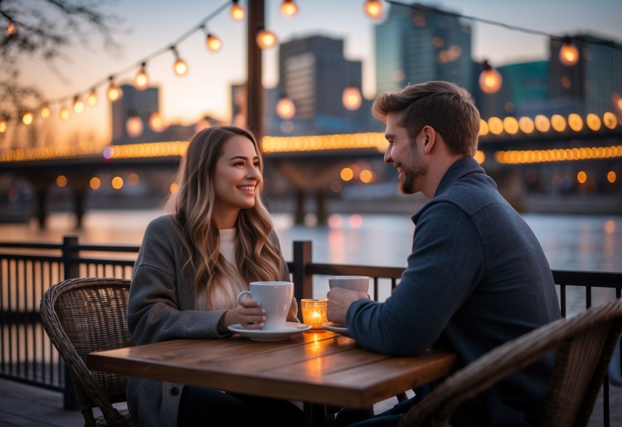 A young couple enjoying coffee and dessert together outdoors near a pedestrian bridge in Winnipeg at dusk.