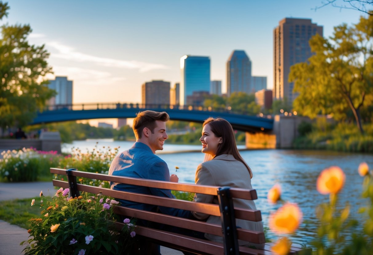 A young couple sitting on a park bench near a pedestrian bridge with the Winnipeg skyline in the background, enjoying a sunny outdoor moment together.