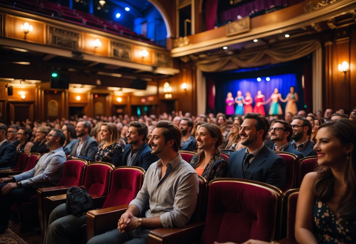 Audience watching a live performance inside a warmly lit historic theater.