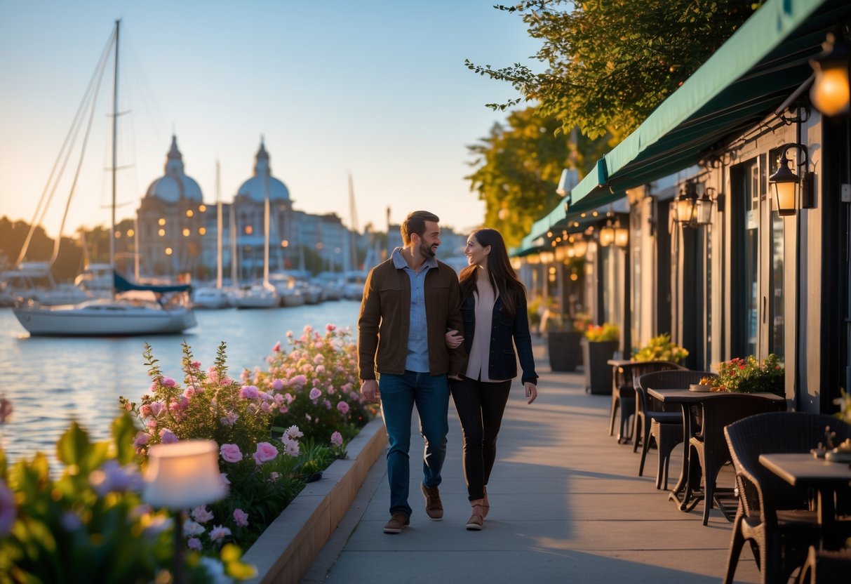 A couple walking along a waterfront promenade in Victoria with flowers, greenery, sailboats, and warm sunlight.