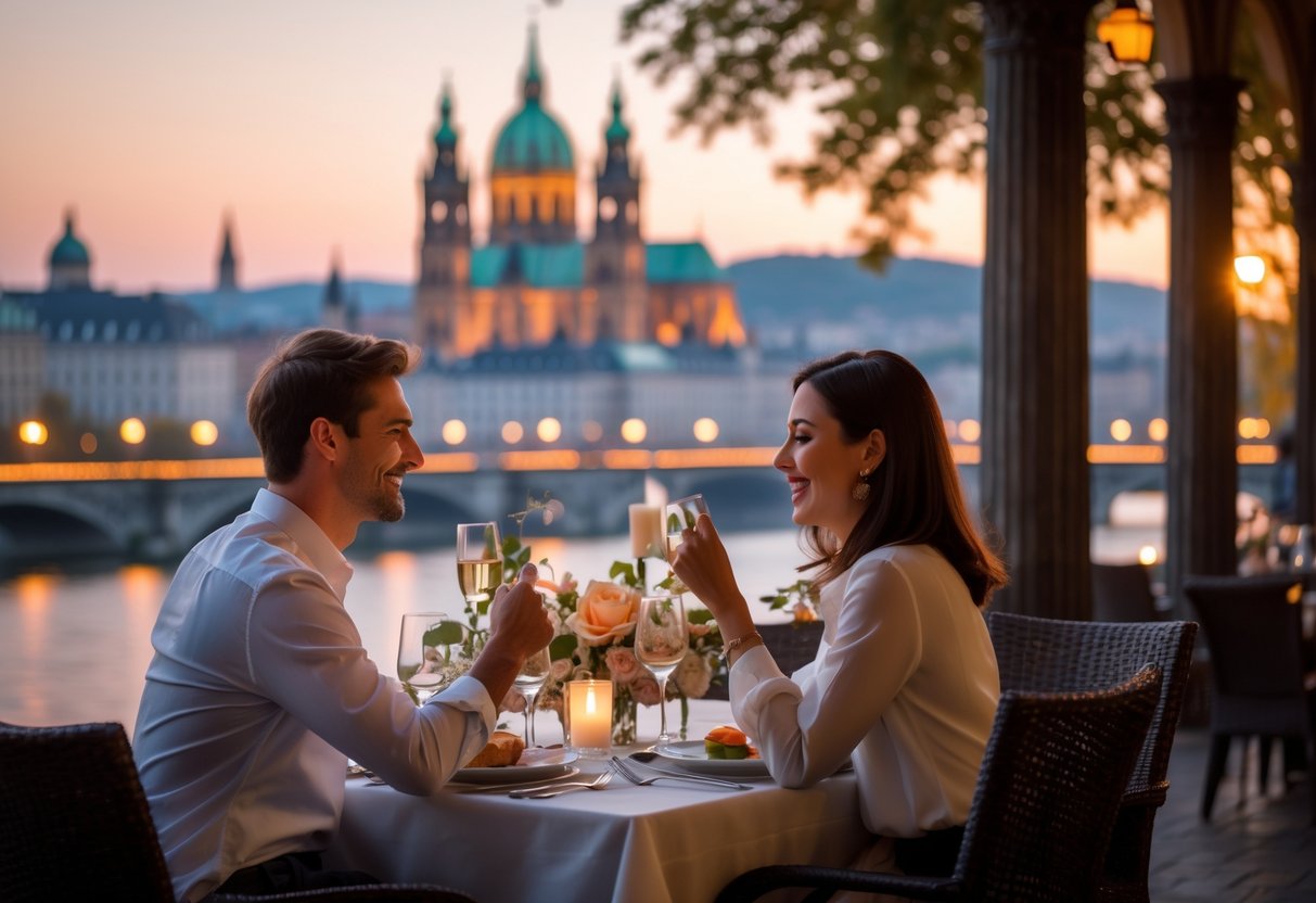 A young couple enjoying an outdoor dinner near historic Vienna landmarks during early evening.