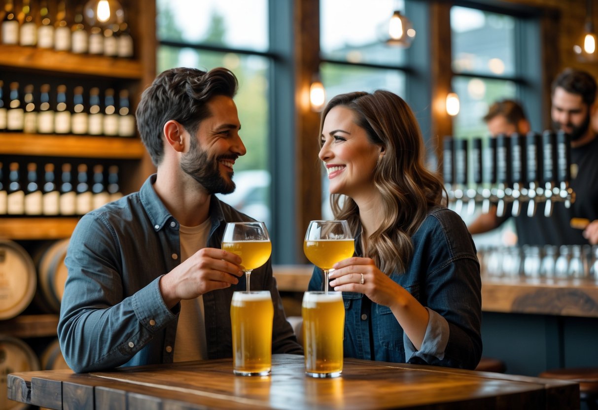 A couple enjoying cider tasting together inside a rustic tasting room with wooden barrels and cider bottles.