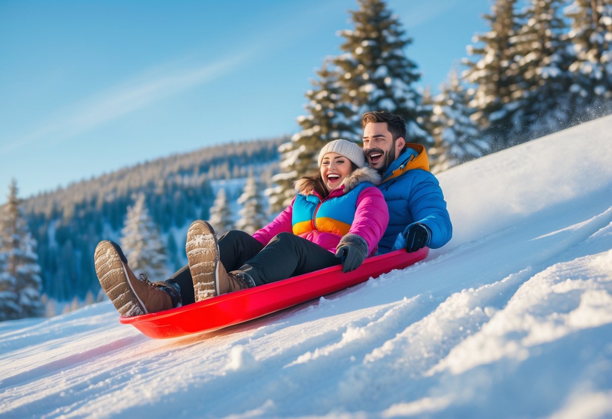 A young couple sledding down a snowy hill surrounded by winter trees.