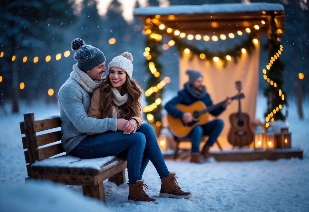 A young couple dressed in winter clothes enjoying a live outdoor concert with snow falling and festive decorations around them.