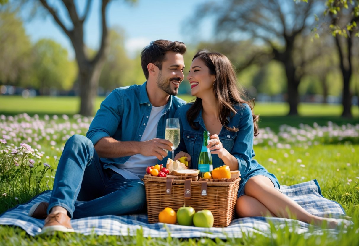 A young couple sitting on a picnic blanket in a park, smiling and enjoying a picnic together.