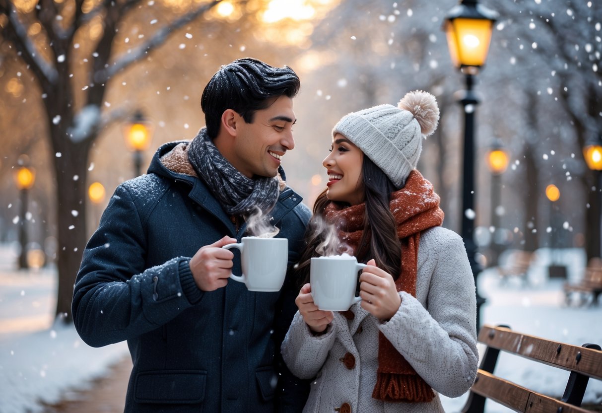A young couple enjoying a winter date outdoors, holding mugs and surrounded by snow-covered trees.