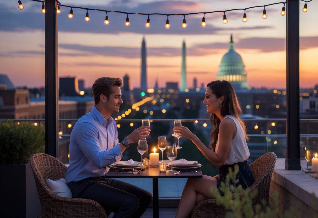 A couple enjoying a romantic rooftop dinner with the Washington DC skyline visible at sunset.