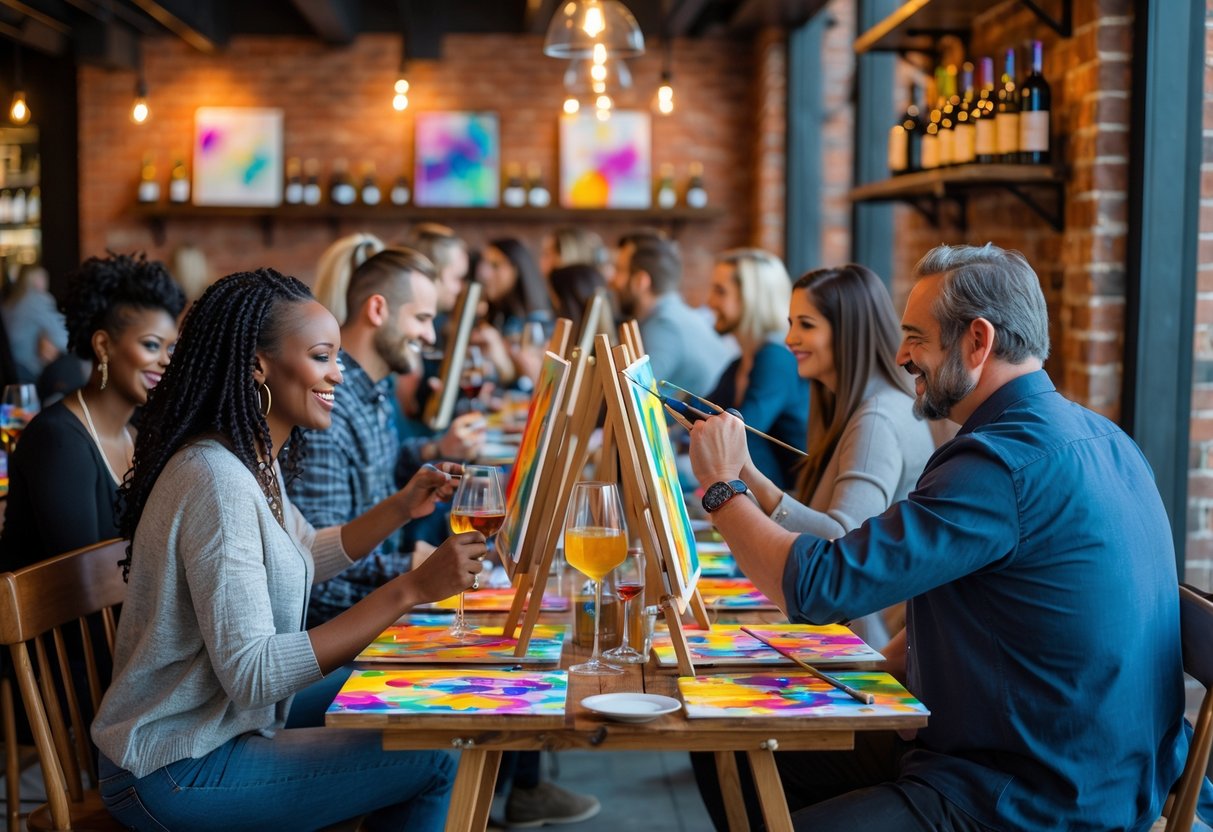 A group of adults painting on canvases while enjoying drinks together in a modern indoor setting.