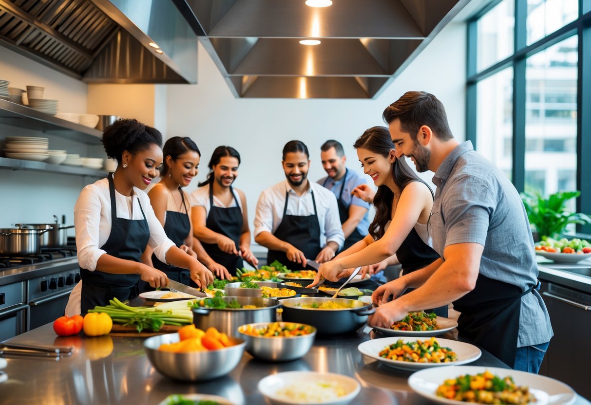 Couples cooking together in a bright, modern kitchen during a cooking class.