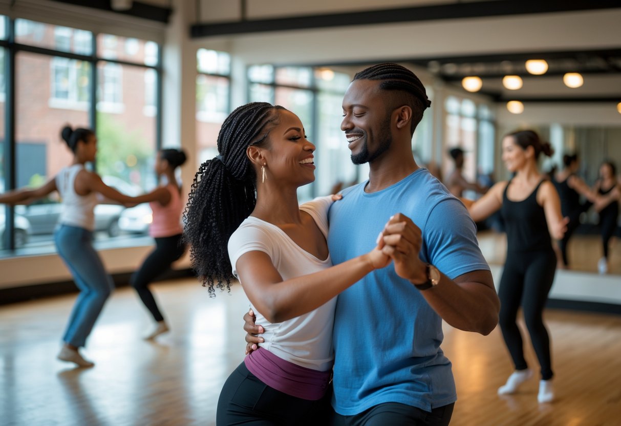 A couple dancing together in a bright dance studio with wooden floors and large windows, smiling and enjoying a dance lesson.