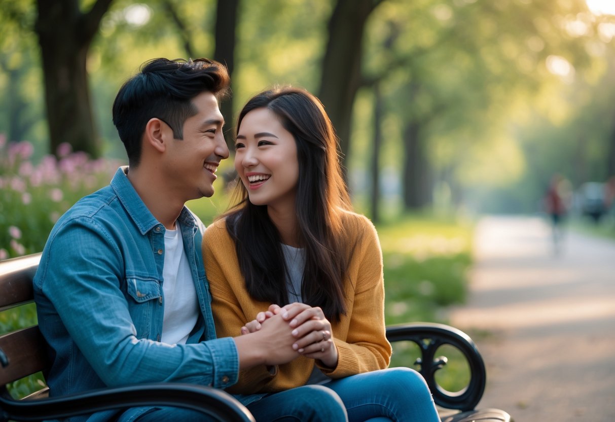 A young couple sitting on a park bench, smiling and holding hands while enjoying a peaceful outdoor moment together.